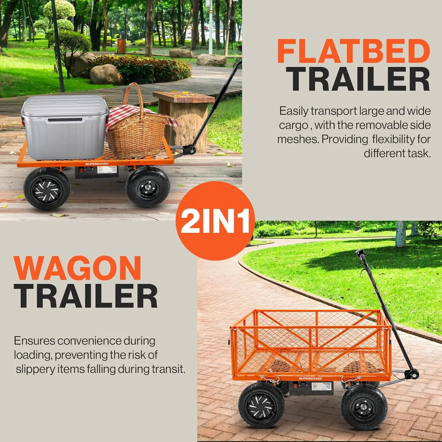 Electric-Assist Garden Cart - 5.7 Cubic Ft Utility Wagon, 440lbs Load, All-Terrain 10in Wheels, Anti-Rust Steel Frame