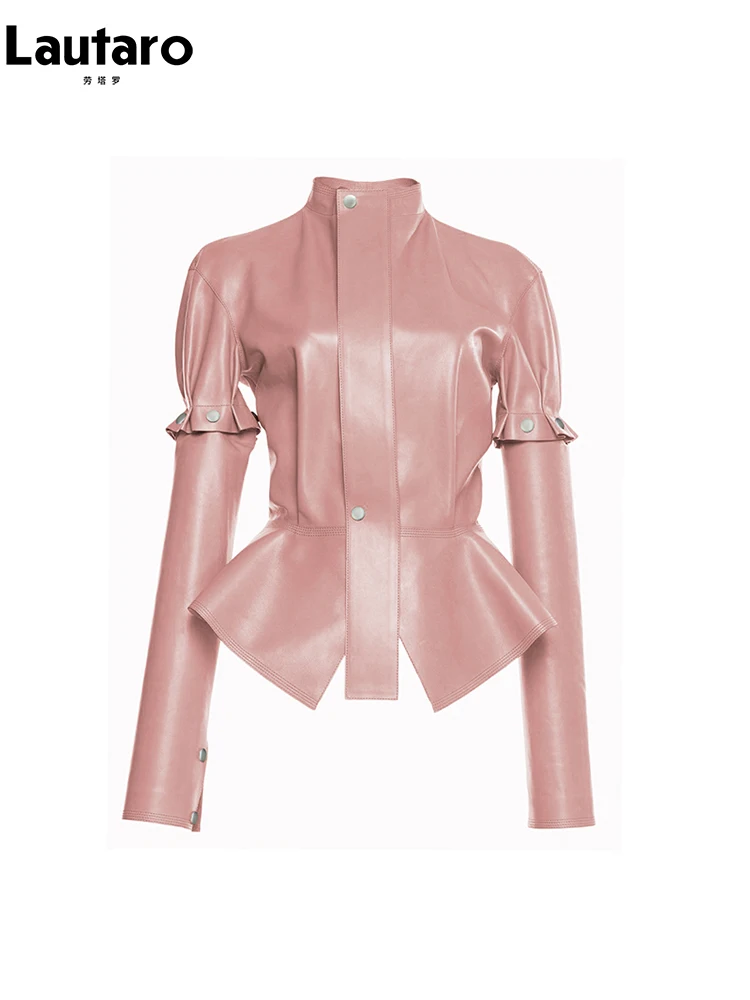 Lautaro Spring Autumn Short Stylish Chic Pink Shiny Reflective Patent Pu Leather Jacket Women with Detachable Long Sleeves 2023