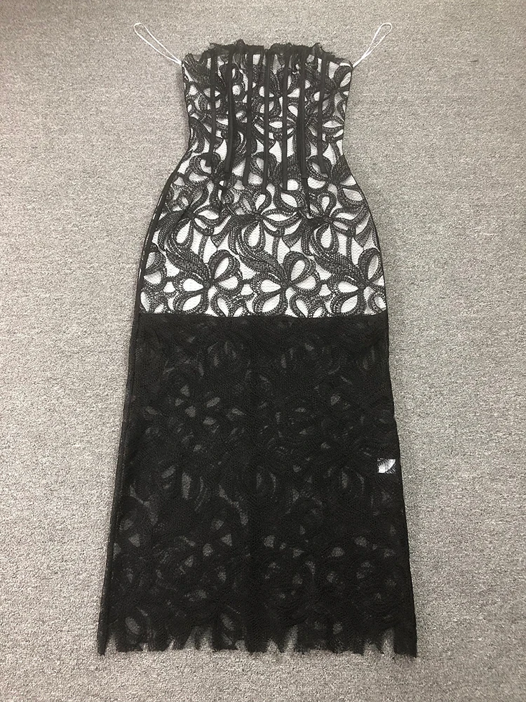 Sexy trägerloses Spitzen-Blumen-Bodycon-Kleid für Damen, schwarz, ärmellos, rückenfrei, mit Schnürung, Midi-Kleider, Promi-Abend-Party-Kleider