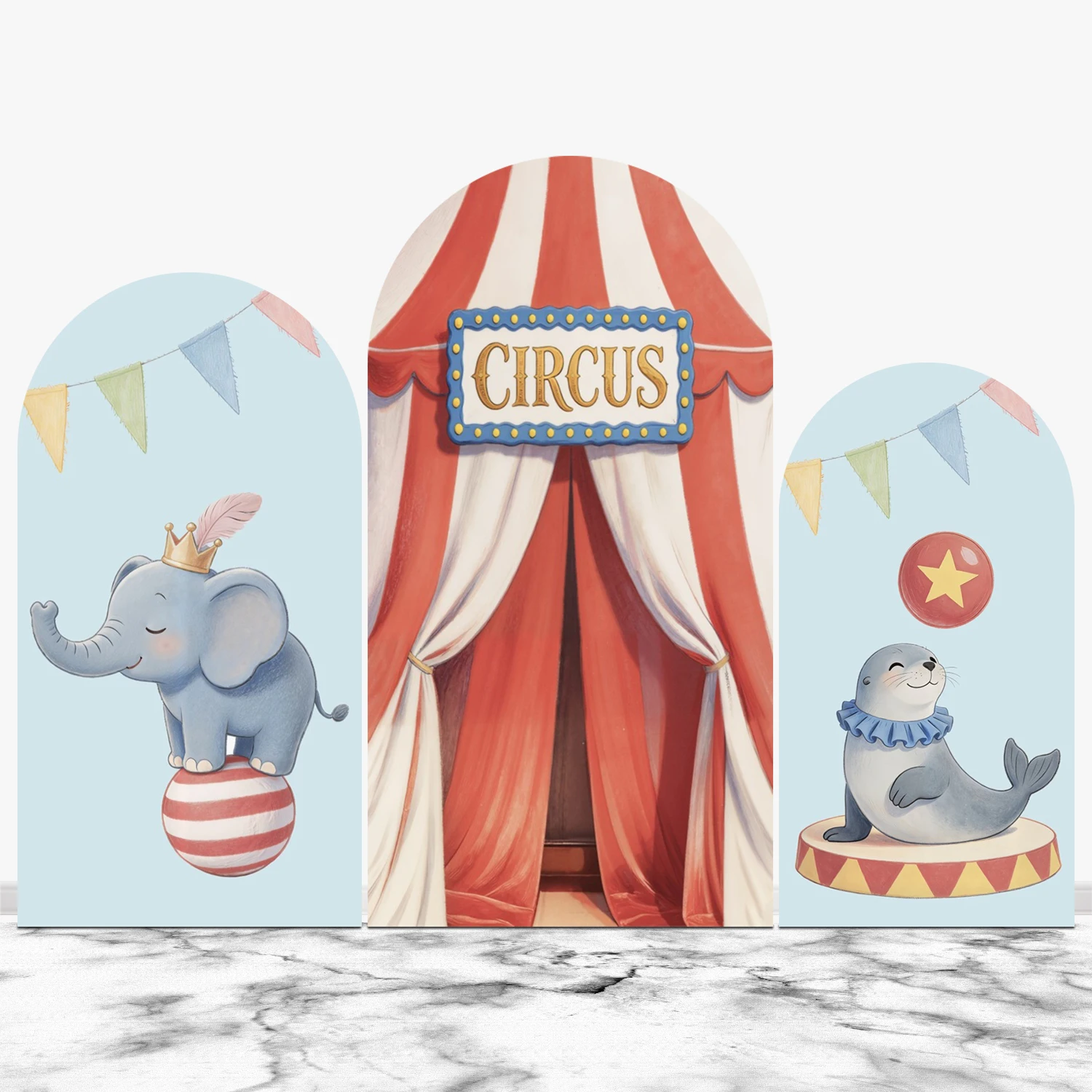 Carnival Circus Tent Arch Cover Background for Kids Birthday Party Baby Shower Elephant Dolphin Juggling Show Arched Backdrop