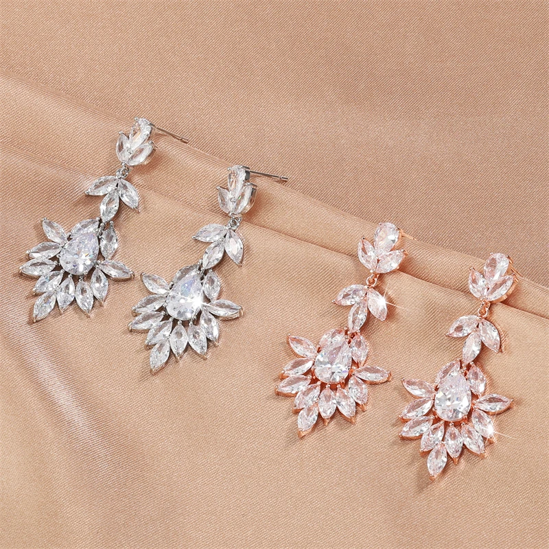 ZAKOL Leaf Marquise Zircon Bridal Earrings for Women Luxury Shiny Crystal Zirconia Long Drop Earring Elegant Wedding Jewelry