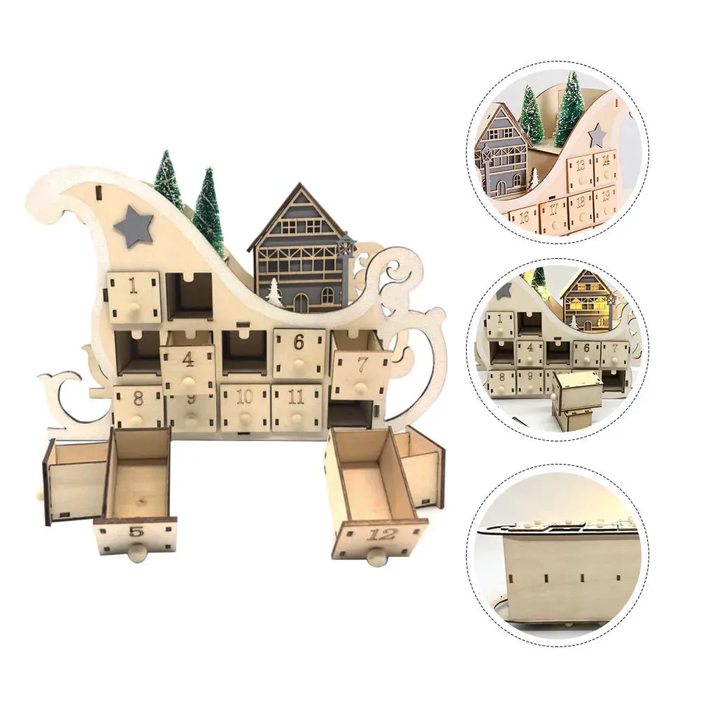 

1Pcs Christmas Wooden Countdown Calendar Sleigh Ornament Natural Wood Xmas Decor Desktop Home Decoration Wooden Christmas Decor