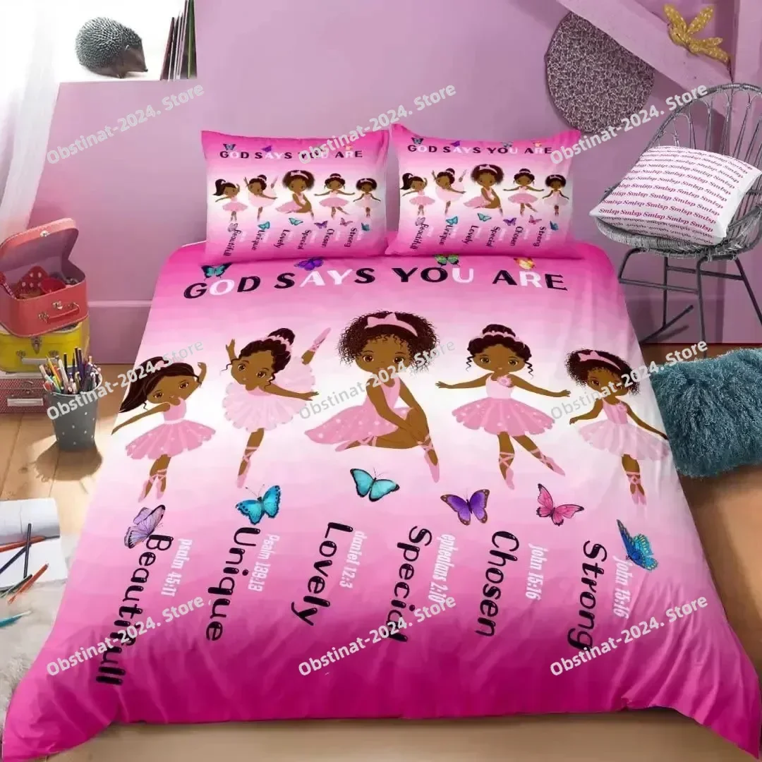 

American Black Girl Duvet Cover Set,Black Girl Magic Bedding Set Full Sizes Cute Little Afro Black Princess Comforter Cover Sets