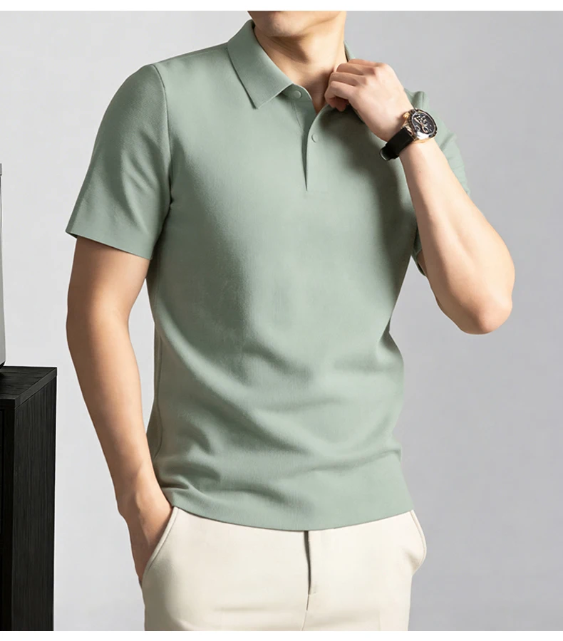 Modisches, einfarbiges Kurzarm-Poloshirt aus luxuriöser atmungsaktiver Eisseide für Herren Sommer Business Casual, bequem, vielseitig, T-Shirt – Detail 16