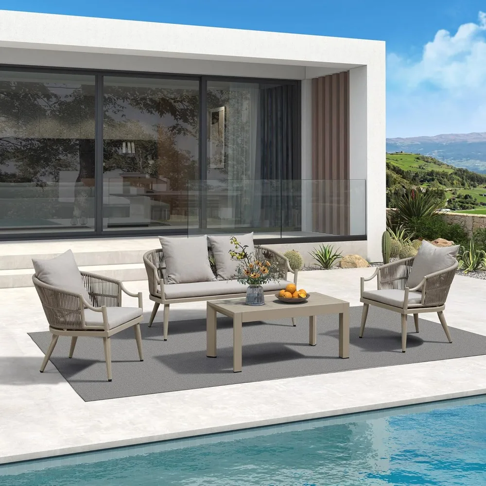 

4-Pieces Wicker Patio Conversation Set Outdoor Rattan Sofa Patio Furniture Set with High-Density Cushion.