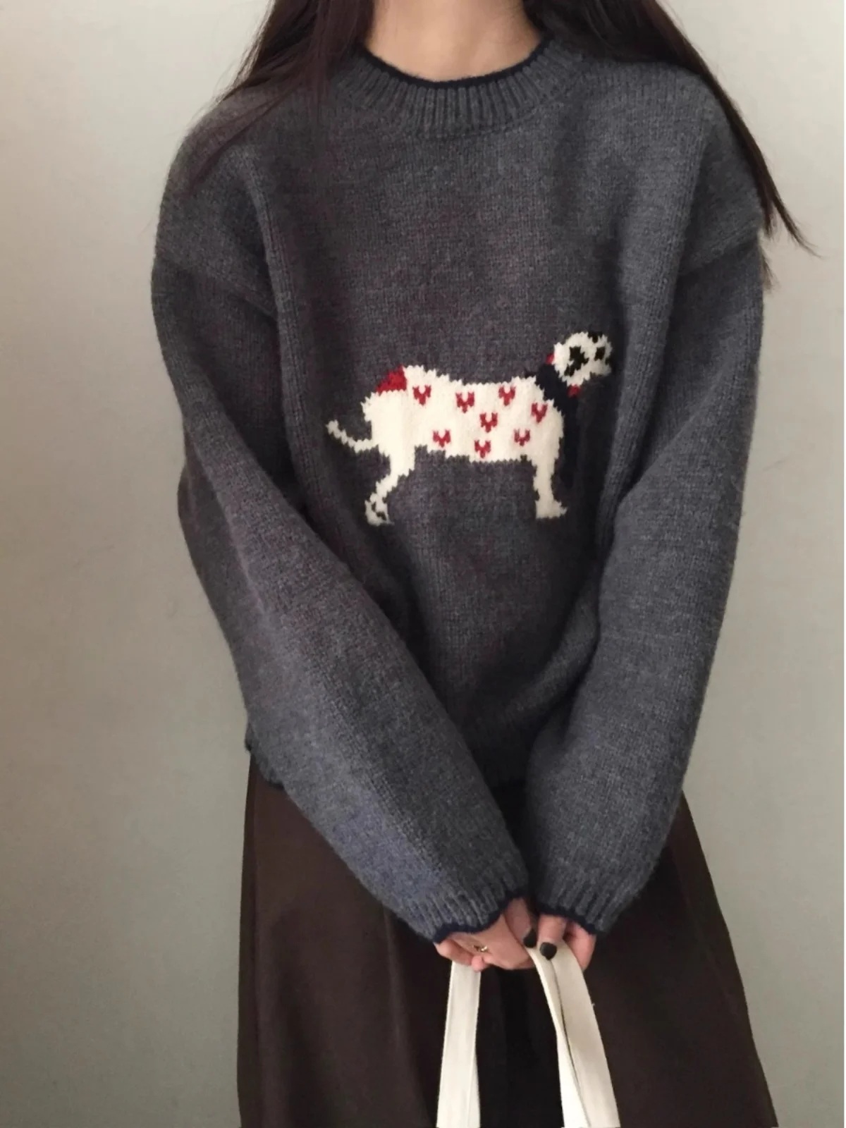 Koreaanse Sle Lazy Sle damestrui lente herfst los schattig borduurwerk cartoon top gebreid lang Sve rond Ne