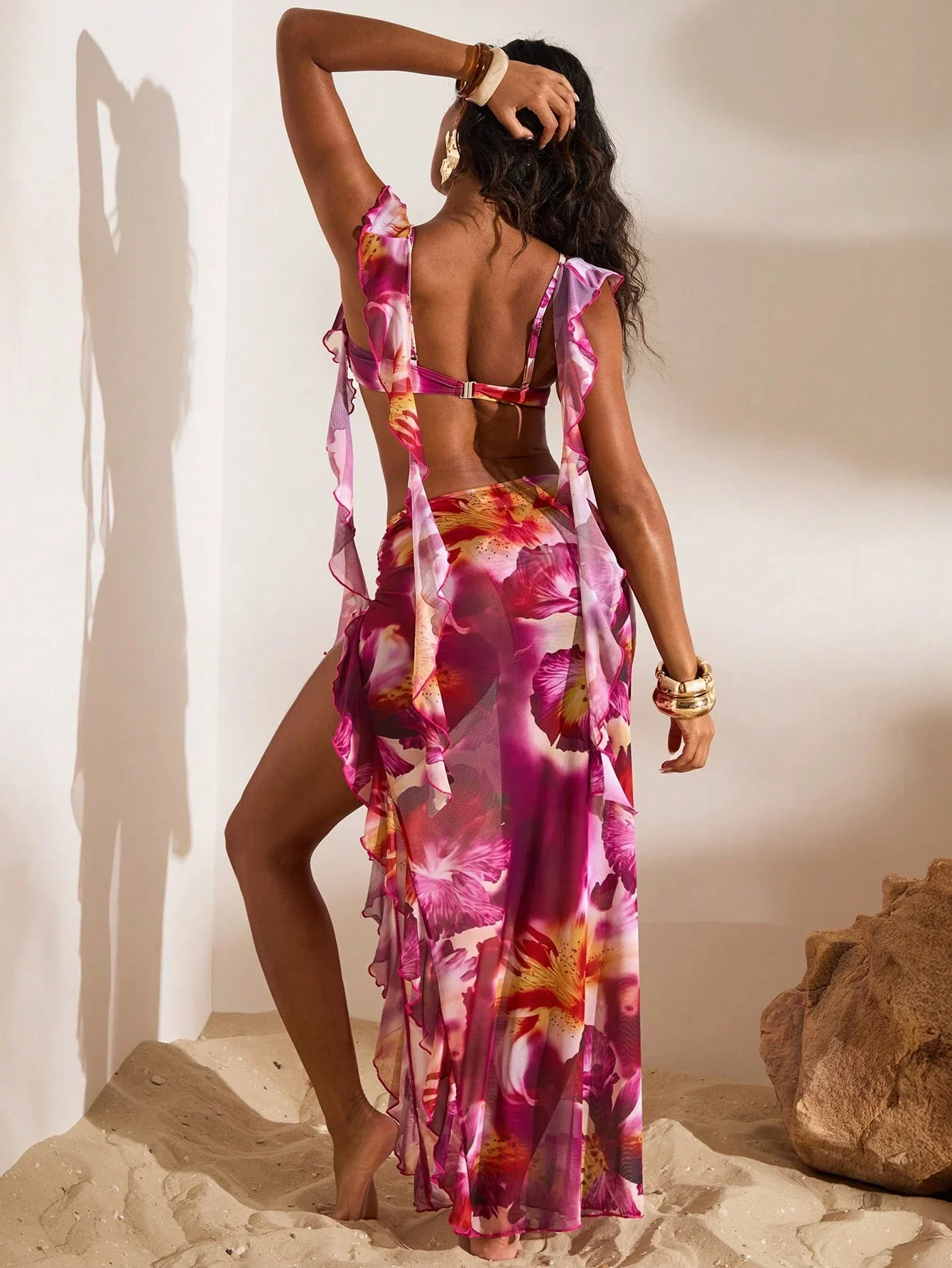 

Floral Print Ruffled Bikini Set With Cover-Up For Women Beach Vacation Outfit