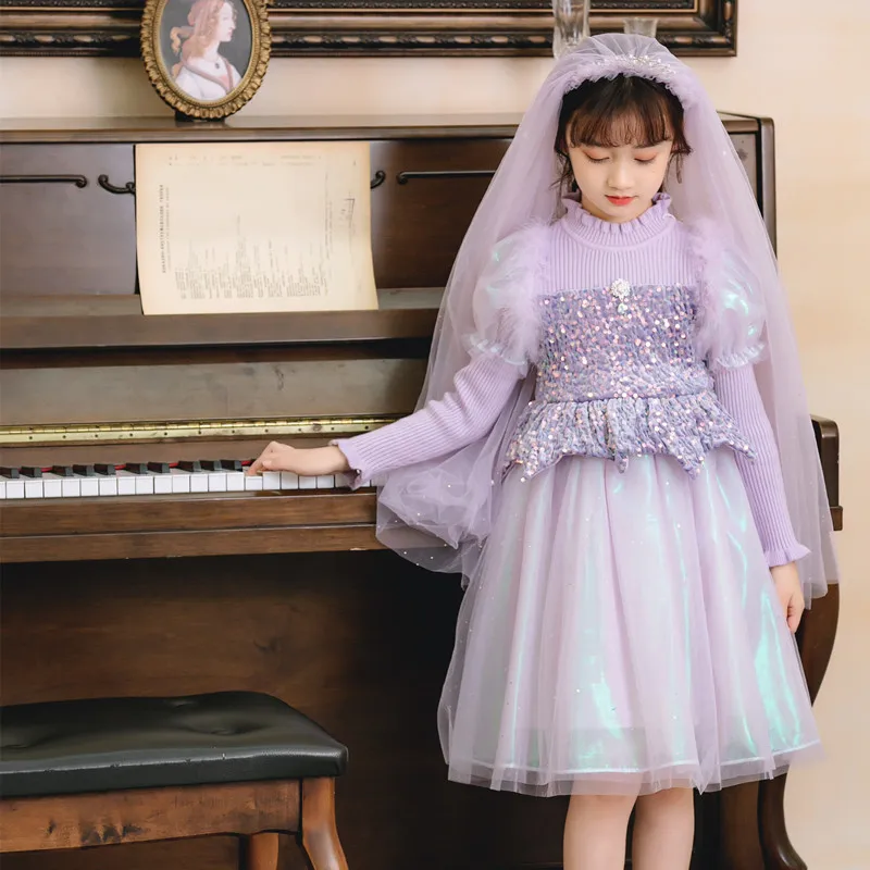 

Little Girls Sequin Sweater Dress Long Sleeve Spring Winter Dresses Kids Princess Blue Dress up Outfits Child Tulle Feather