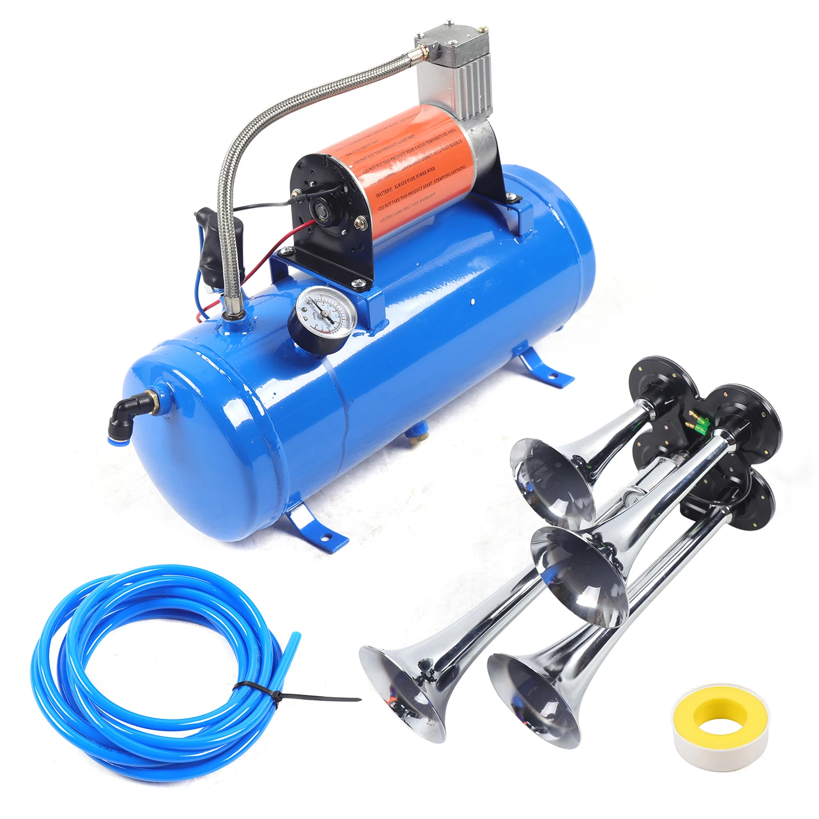 Air Compressor Set with 4-tube Horn, 6L Air Compressor with Tank, DC 12V Compressor for Car Tires/Engines/Bicycles, 150 PSI