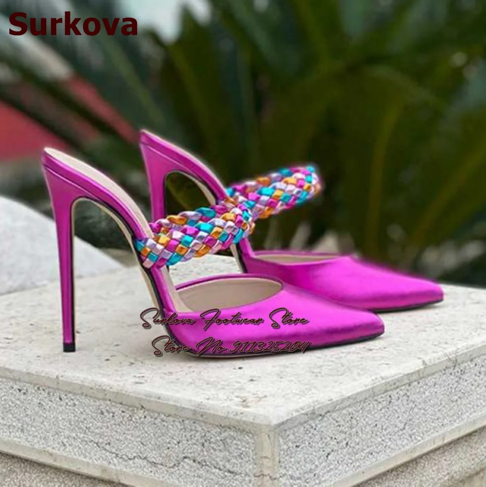 

Surkova Metallic Fuchsia Matte Modern Slippers Stiletto Heels Pointed Toe Slip-On Dress Shoes Multi-Color Braided Strap Pumps