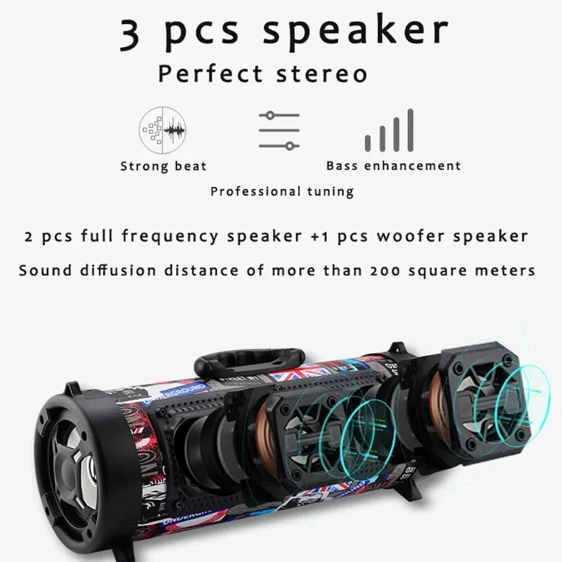 Speaker Bluetooth portabel, pengeras suara luar ruangan Subwoofer portabel Radio FM Caixa De Som, kotak suara kuat FM/TF