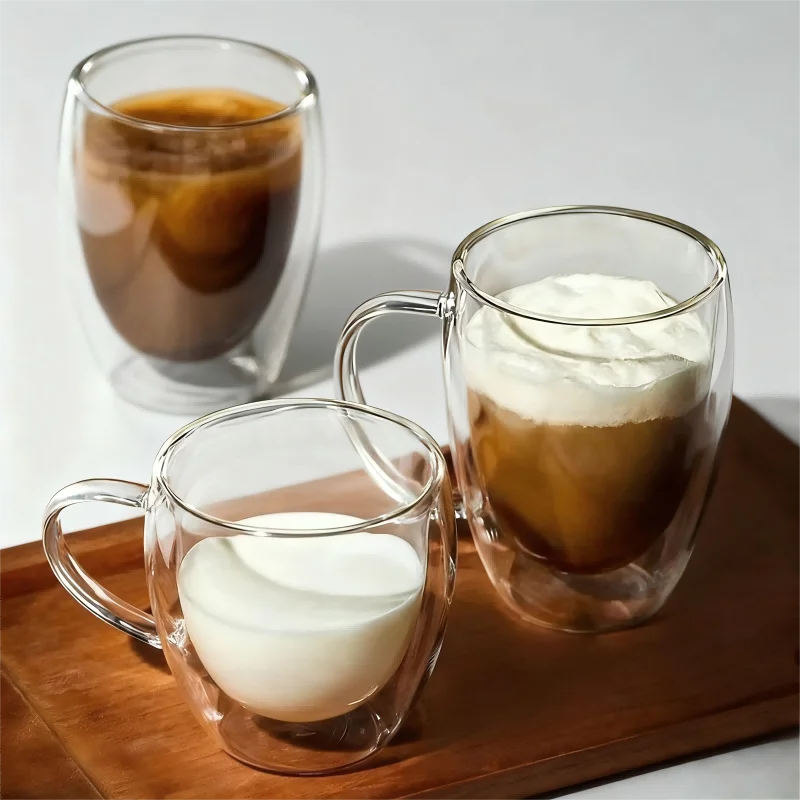 150/250/350 ml Hitzebeständige Glasbecher Doppelwandige Glaskaffeetasse mit Griff Frühstück Milch Wasser Tasse Klare Saftbierbecher