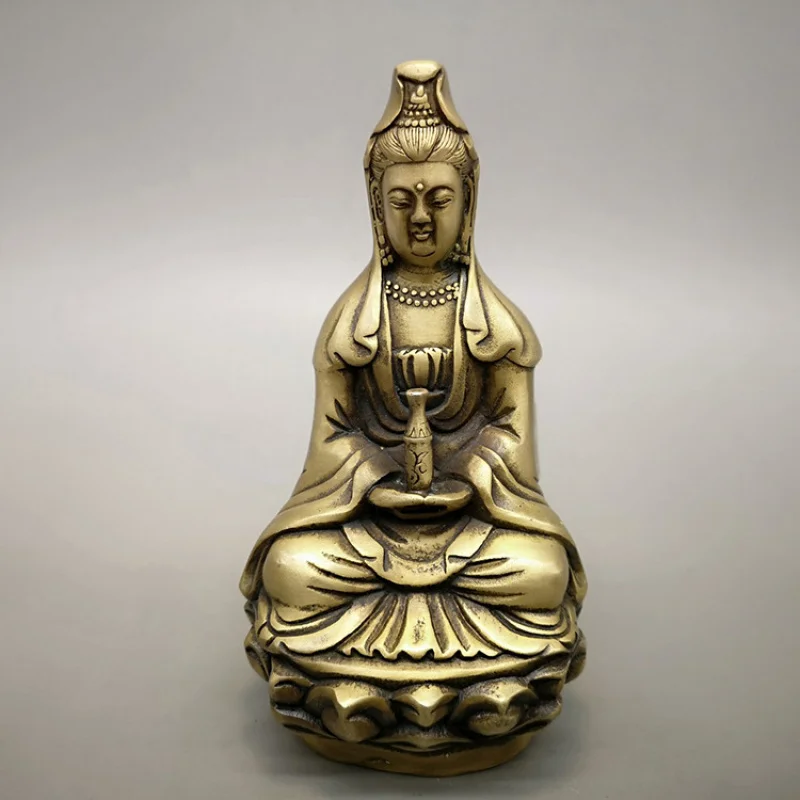 Brass sitting on a lotus with a water vase, Buddha statue for living room worship decoration, Guanyin figurine or