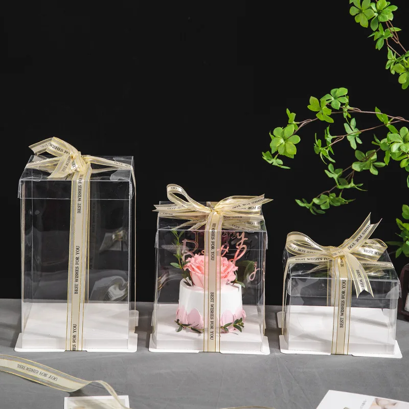 

Transparent Birthday Cake Box 6 Inch 8 Inch Elevated Bouquet Cake Ring Three-in-One Pastry Packaging Box Kitchen Baking Supplies