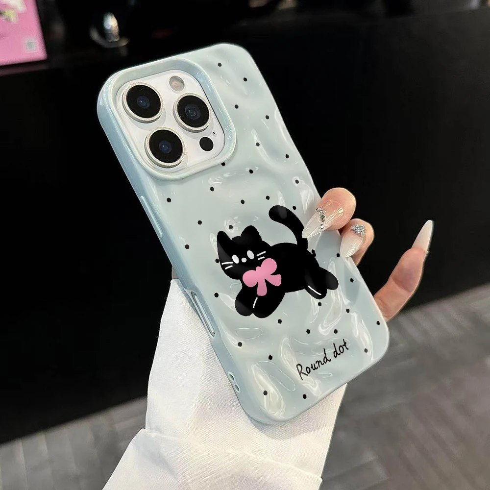 Polka Dot Niedliche Kätzchen-Druck Handyhülle für iPhone 17 16 15 14 13 12 11 Pro Max 14 Plus 17Air Falten-Wellen Weiche Silikonhülle – Detail 2