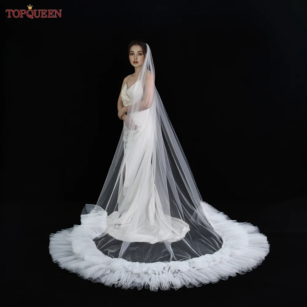 TOPQUEEN V254 Cathedral Lace Edge Drop Wedding Veil Bride Veil Long Soft Tulle Veil Cathedral Length Veu de Noiva Accessories