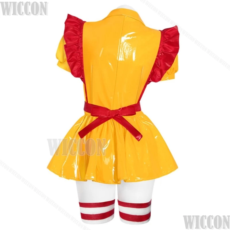 مثير ماكس فتاة نادلة البدلة تأثيري BBW مثير الأصفر لامع فستان أحمر المئزر قبعة الجوارب فتاة امرأة الملابس هالوين كوميك كون البدلة