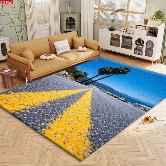 Coastal Palm Tree Highway Scenery Carpet Flooring, Tropical Seaside Road View Non-Slip Floor Rug for Living Room Bedroom Home Decor