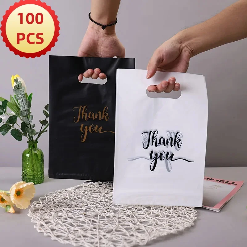 100PCS Thank You Gift Bags Tote Plastic Shopping Bags Wedding Birthday Guest Gift Packaging Small Business Candy CookiePackaging