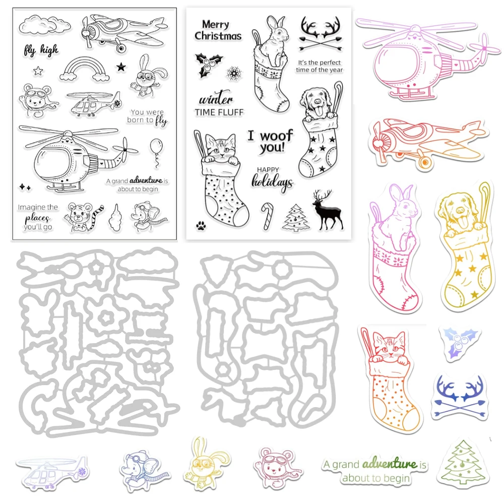 Christmas Socks Cutting Die and Silicone Clear Stamps Set with Dog Cat Rabbit Shape for Card Making DIY Scrapbooking Photo Album