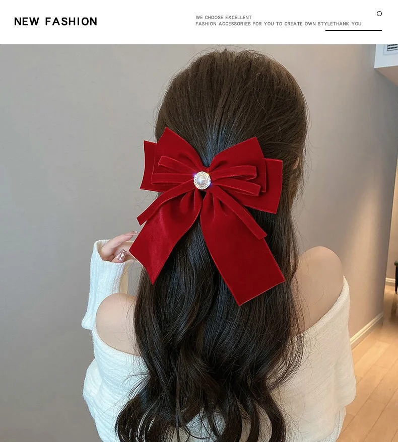 Elegant Vintage Velvet Bow Pearl Hairpins with Fabric Alloy Clips for Girls Ponytail Barrette Headwear Accessories image 3