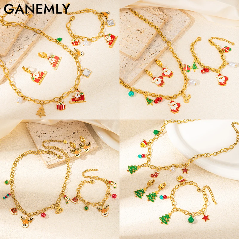 

GANEMLY 316L Stainless Steel Creative Christmas Necklace Bracelet Earrings Set For Women Trendy Waterproof Jewelry Holiday Gifts