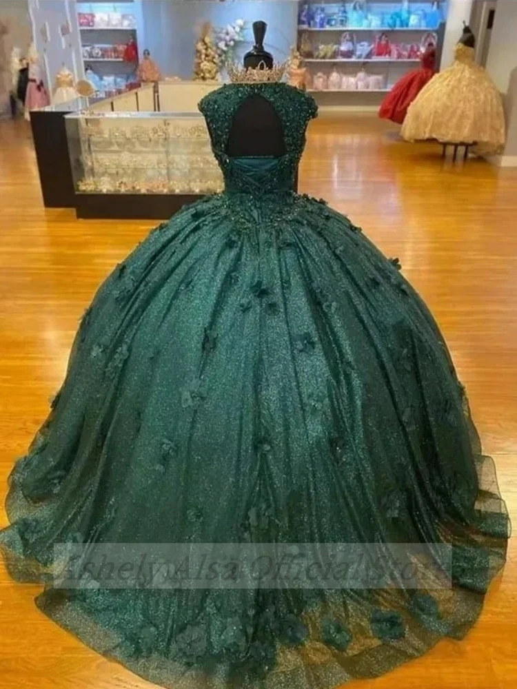 Customized Emerald Green Quinceanera Dresses V Neck Flower Beaded Puffy Skirt Vestido 15 16 Anos Birthday Party Prom Gown 2024