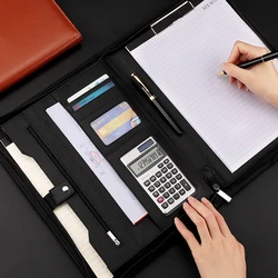 A4 Portable File Folder Manager Office Document Pad Binder Smooth Zipper Briefcase With Calculator Comfortable PU Cover Padfolio