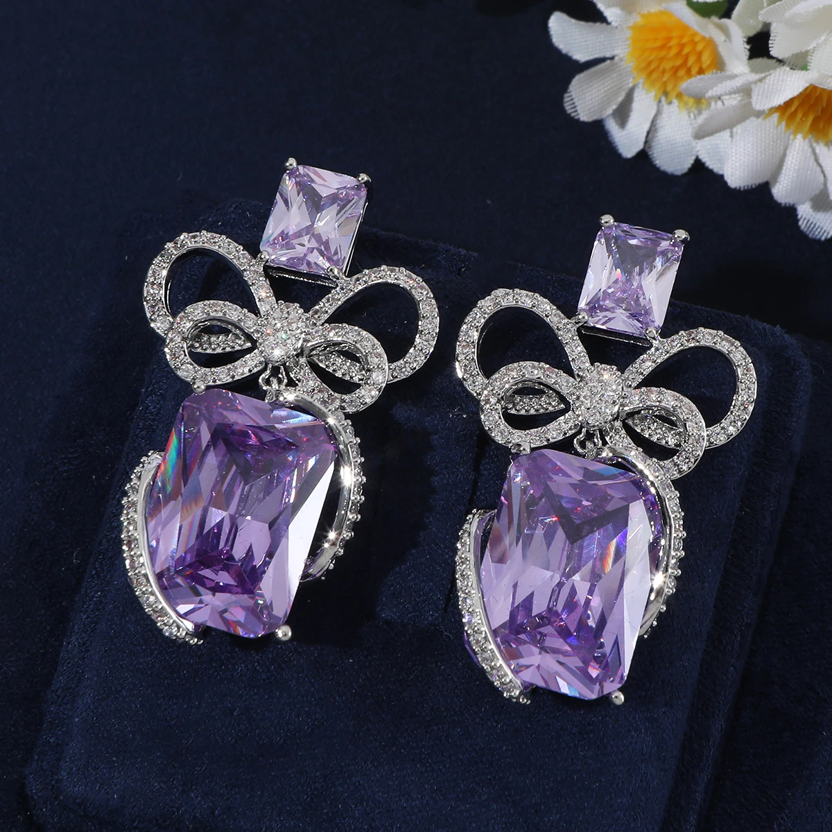 Ladies' bow, large rectangular zircon pendant earrings, sparkling water droplet earrings, wedding party jewelry E1883