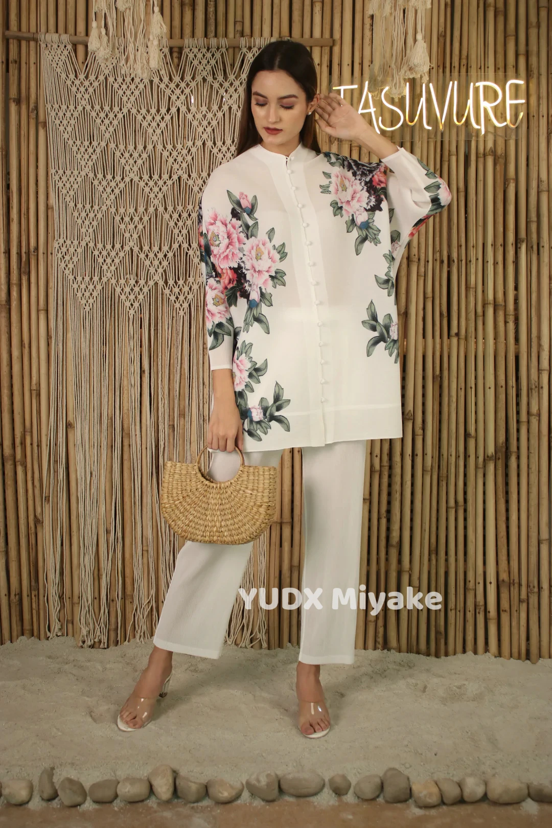 YUDX Miyake Pleated Floral Print Set Women Single Breasted Long Sleeve O-neck Top Wide Leg Pants 2023 Summer Female Clothing