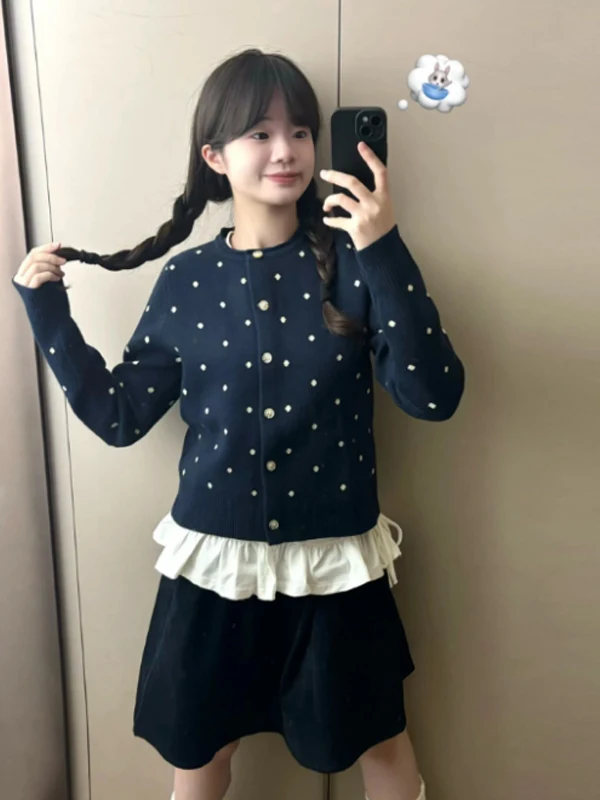 

Chic Polka Dot Knitted Open Cardigan Women's Autumn Winter Lazy Sle Outerwear Sweater Jaet Early Autumn Trendy Top