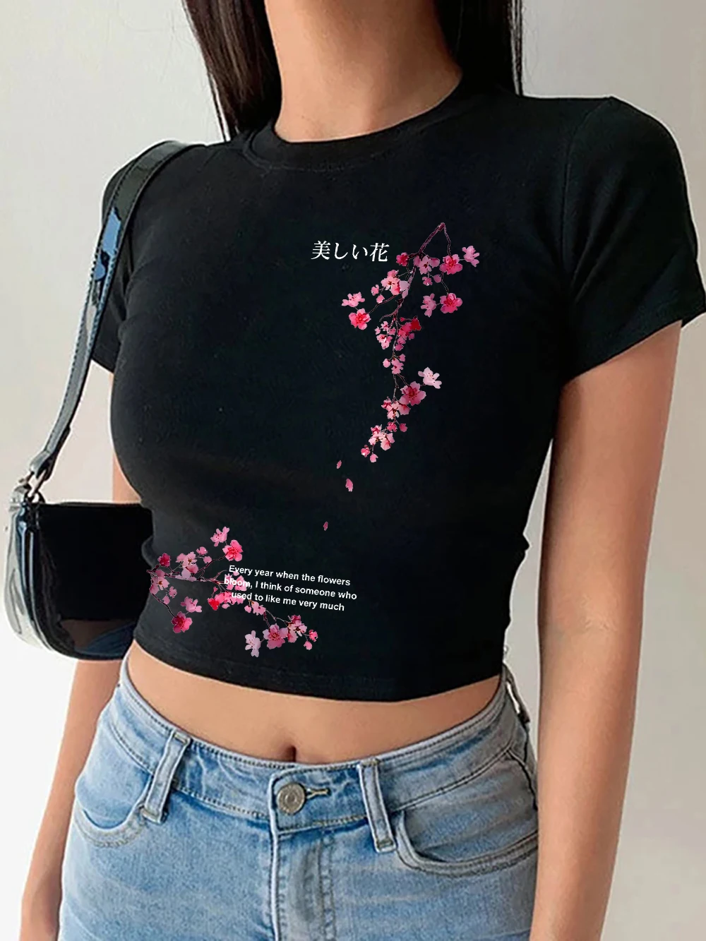 Beautiful Sakura Branches Prints Womens Crop Tops Summer High Elastic O-Neck Tees Sexy Slim T Shirt Comfortable Soft Clothes
