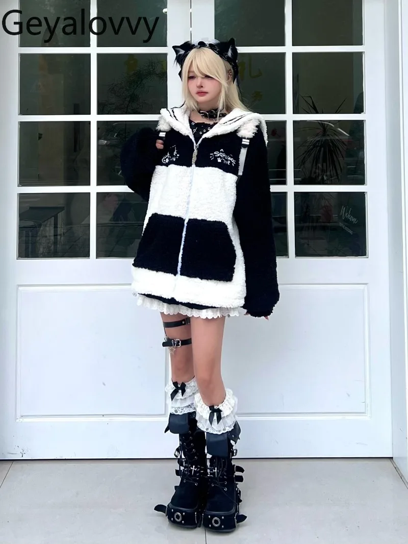 

Autumn Winter New Original Cute Lamb Wool Color-Block Navy Collar Cotton Jacket Sweet Thickened Soft Adorable Color-Block Coat