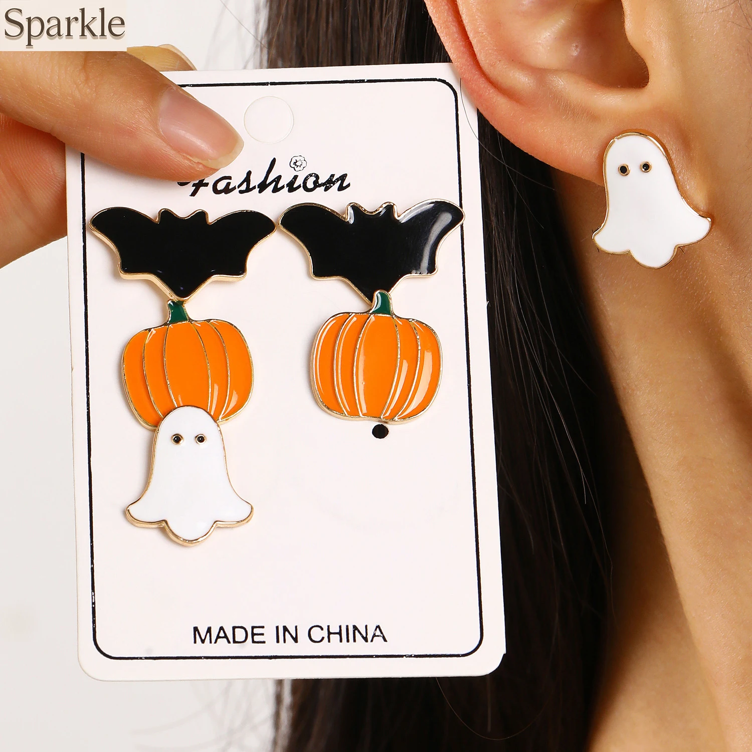Women's Halloween Enamel Earrings Set Bat Pumpkin Ghost Studs Trendy Holiday Party Jewelry Gift