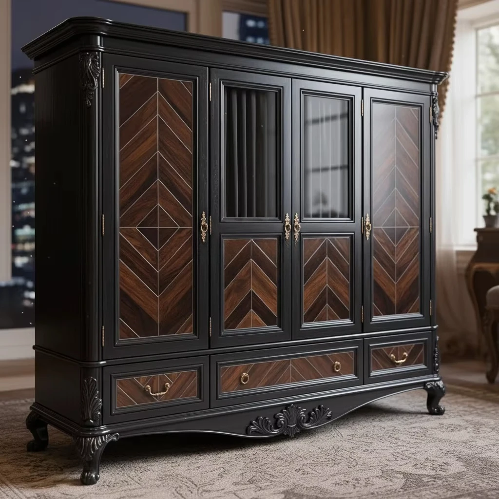 OE-FASHION Antique Black Solid Wood Dressing Table Luxury Walnut Marquetry Vanity Set with Mirror and Stool