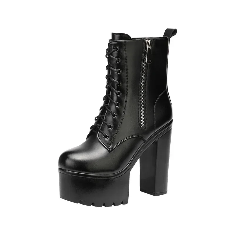

14cm Small Size 32-43 Elegant Extreme Block High Heels Boots Platform Shoes 2025 Fall Genuine Leather Ankle Boots Model Party