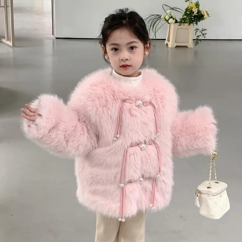 Ragazze finta pelliccia di volpe cappotto di pelliccia di cotone bambini nuovo autunno inverno moda fibbia di perle caldo spesso dolce giacca