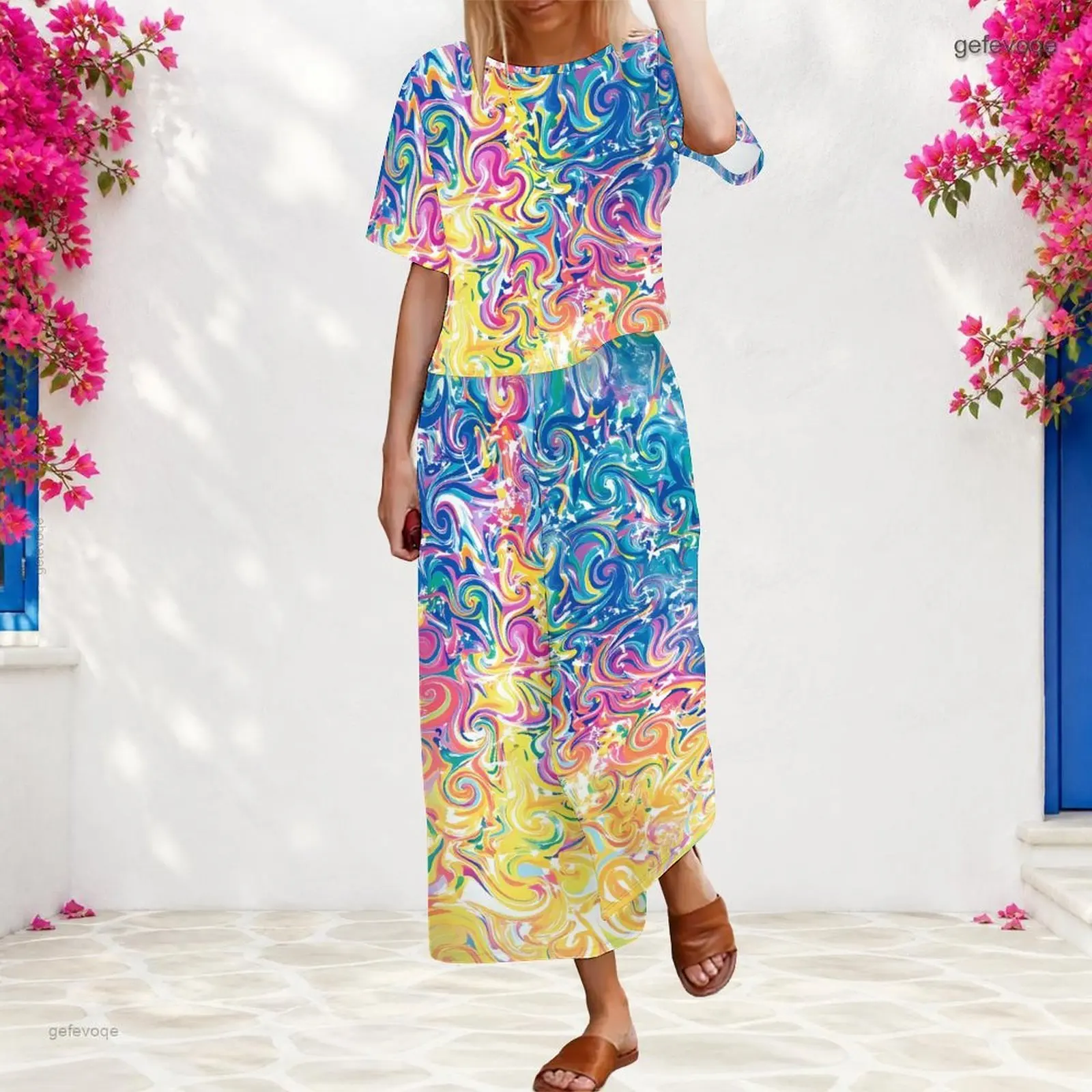 Women Multicolor Swirl Marbled Printed Short Sleeve Top and Wide Leg Long Pants Two Piece Set