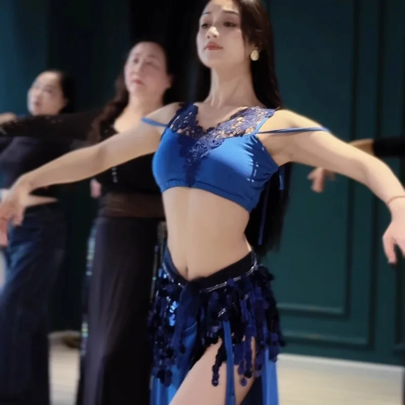 カスタマイズされたベリーダンス衣装新しいセットパフォーマンスドレスクラスドレスセクシーな気質練習服ブルーレース初心者