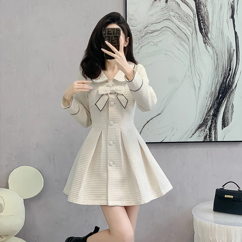 

Women Autumn Winter New Long sleeved Fragrant Wind Woolen Doll Neck Elegant Dress