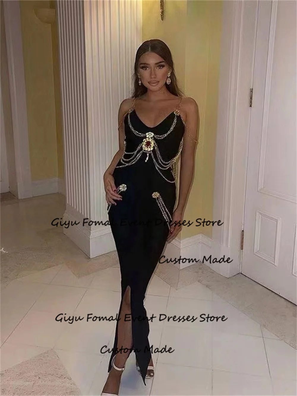 Giyu Modern Style Sequined Evening Dress Mermaid Trumpet Deep V-Neck Ankle-Length Side Slite Wedding Party Dress