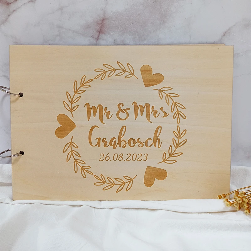 Customized Wedding Guestbook Rustic Message Book Engraved Wreath Logo Name Date for Bridal Wedding Keepsake Couples book