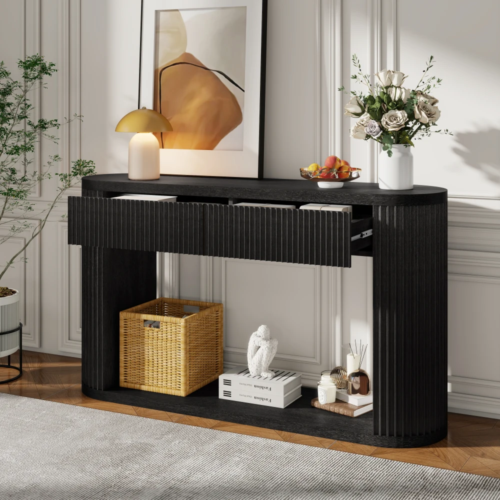

TREXM Oval Fluted Console Table: 2 Drawers, Bottom Shelf, Wood, Metal Slides, Black
