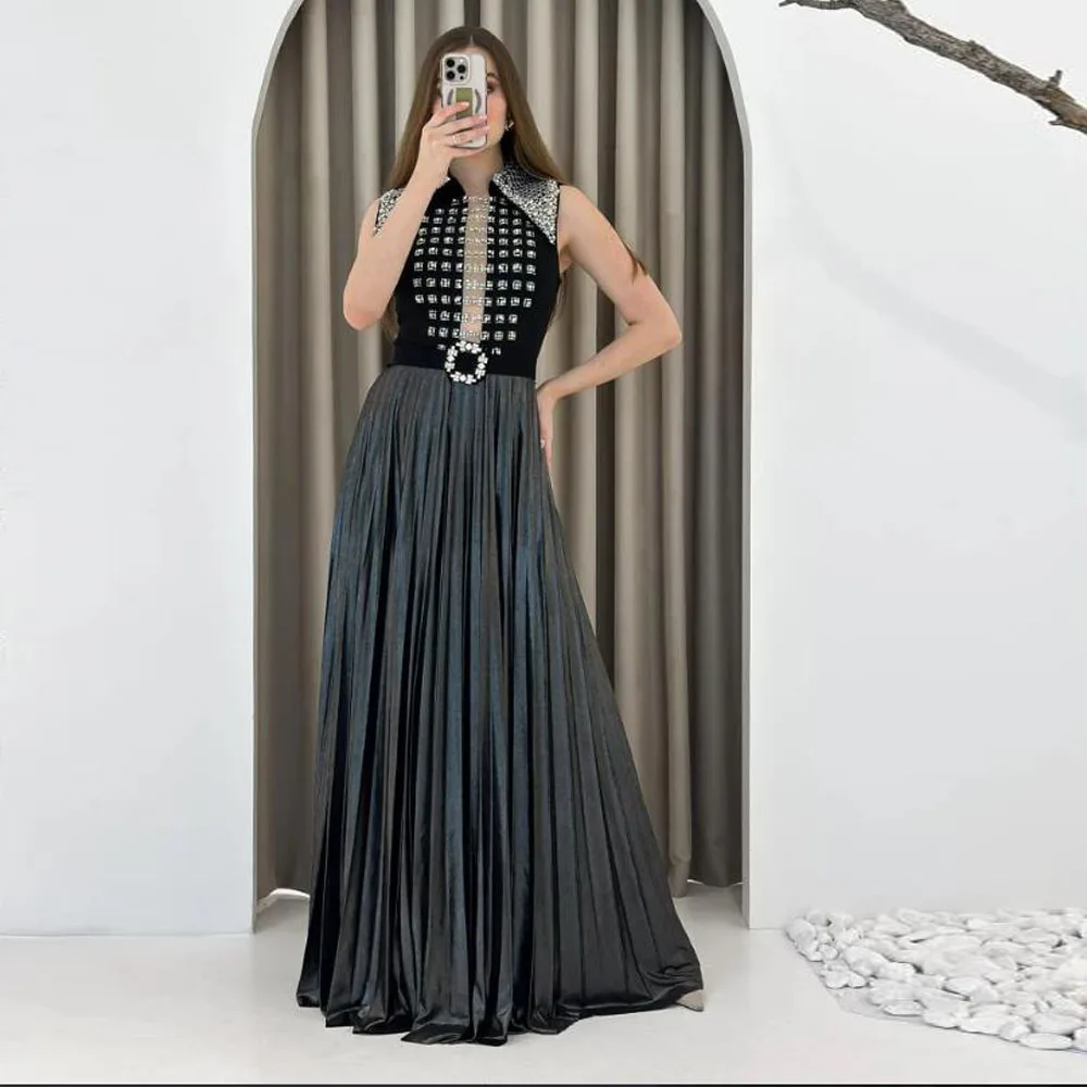 

Customized Pleat Evening Dresses Crystal Neckline Maxi Dress with Belt Black A Line Floor Length Wedding Guest Prom Gown