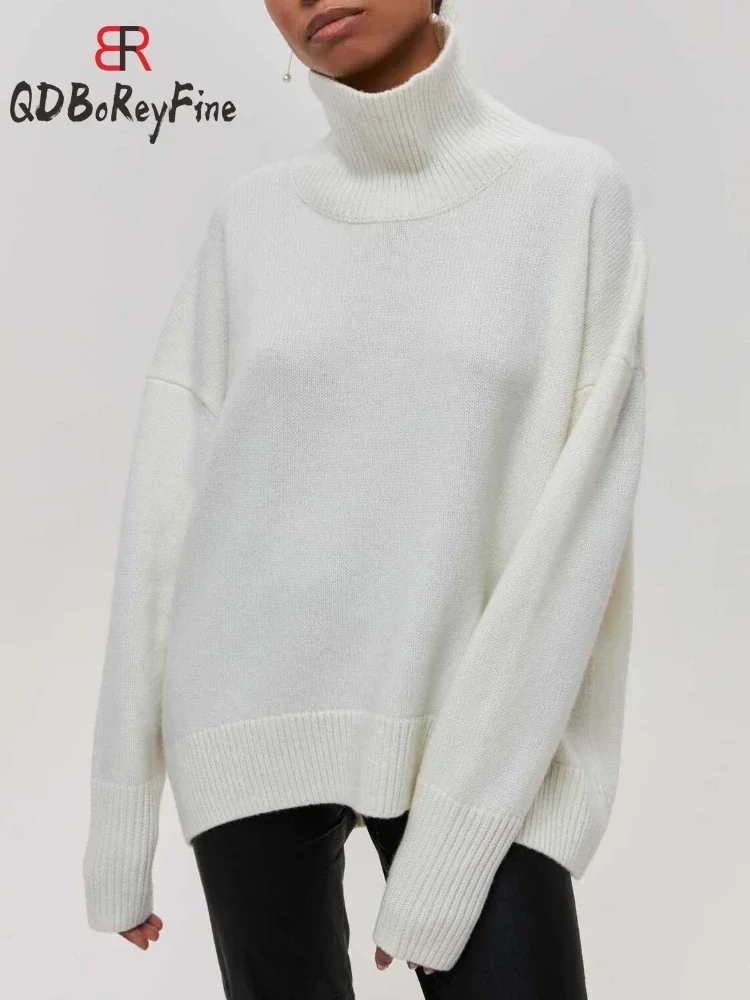 Winter Women Turtleneck Sweater Oversize Long Sleeve Top Autumn Casual Loose Jumper White Thick Warm Knitted Pullovers for Women