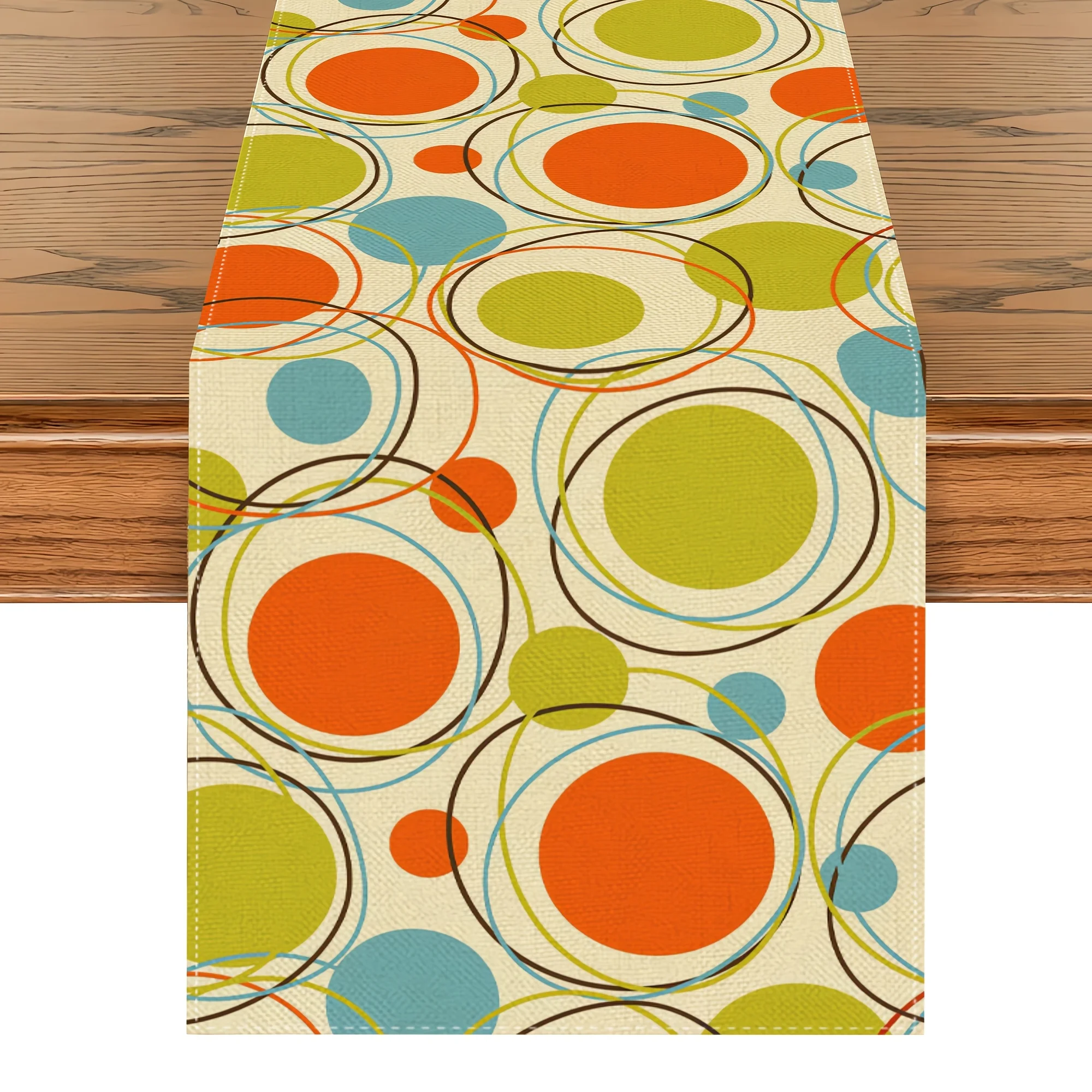 1pc retro orange table runner with blue and light green repeating circles on a yellow background decor tablecloth kitchen dining