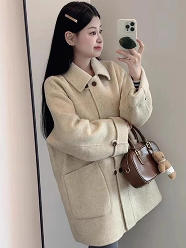 

Женское шерстяное пальто оверсайз с воротником-стойкой Ele Doll, свободного кроя, осенне-зимнее, в корейском стиле, из полиэфирного волокна, с длинными рукавами, миди-длина