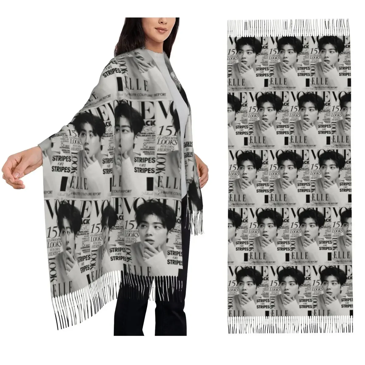 Cha EunWoo Kpop أسترو وشاح شرابة الأوشحة النساء شالات دافئة ناعمة ويلتف كبير الخريف الشتاء شال التفاف