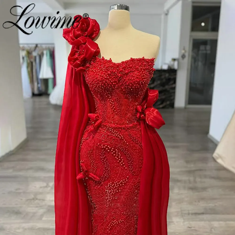 Red One Shoulder Cape Sleeve Prom Dresses 2026 Pearls Beaded Long Mermaid Party Gowns Customized Dubai Vestidos De Cocktail