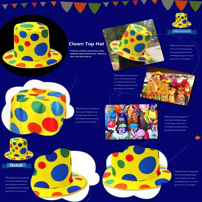 PESENAR Clown Hat Polka Dot Top Hat for Circus Parties Carnivals Rainbow Cosplay Party